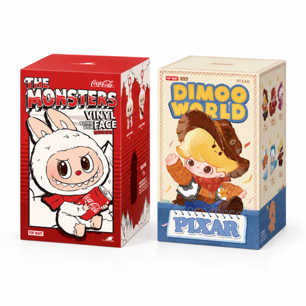 Labubu Coca-Cola and DIMOO WORLD × PIXAR duo on white