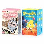 Labubu Exciting Macaron and Labubu × SpongeBob duo white background studio packshot