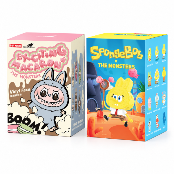 Labubu Exciting Macaron and Labubu × SpongeBob duo white background studio packshot