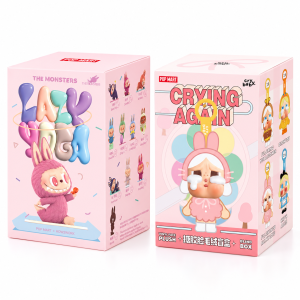 Labubu Lazy Yoga and CRYBABY Crying Again duo white background studio packshot