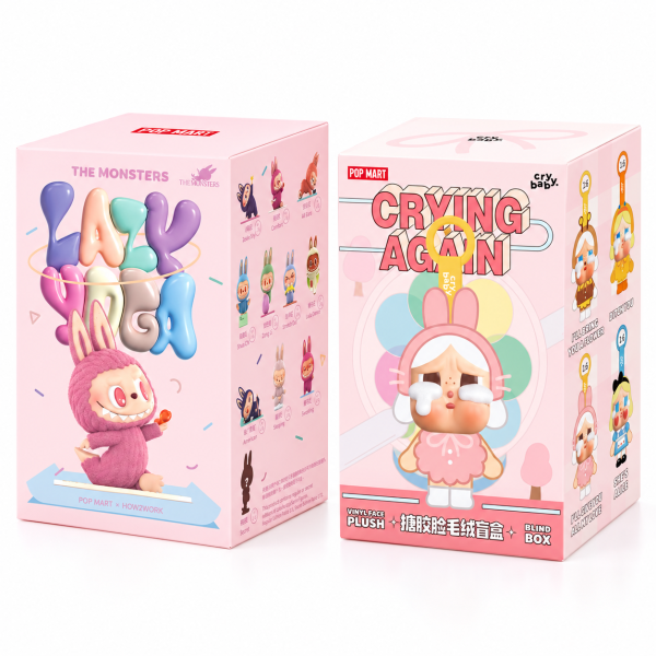 Labubu Lazy Yoga and CRYBABY Crying Again duo white background studio packshot